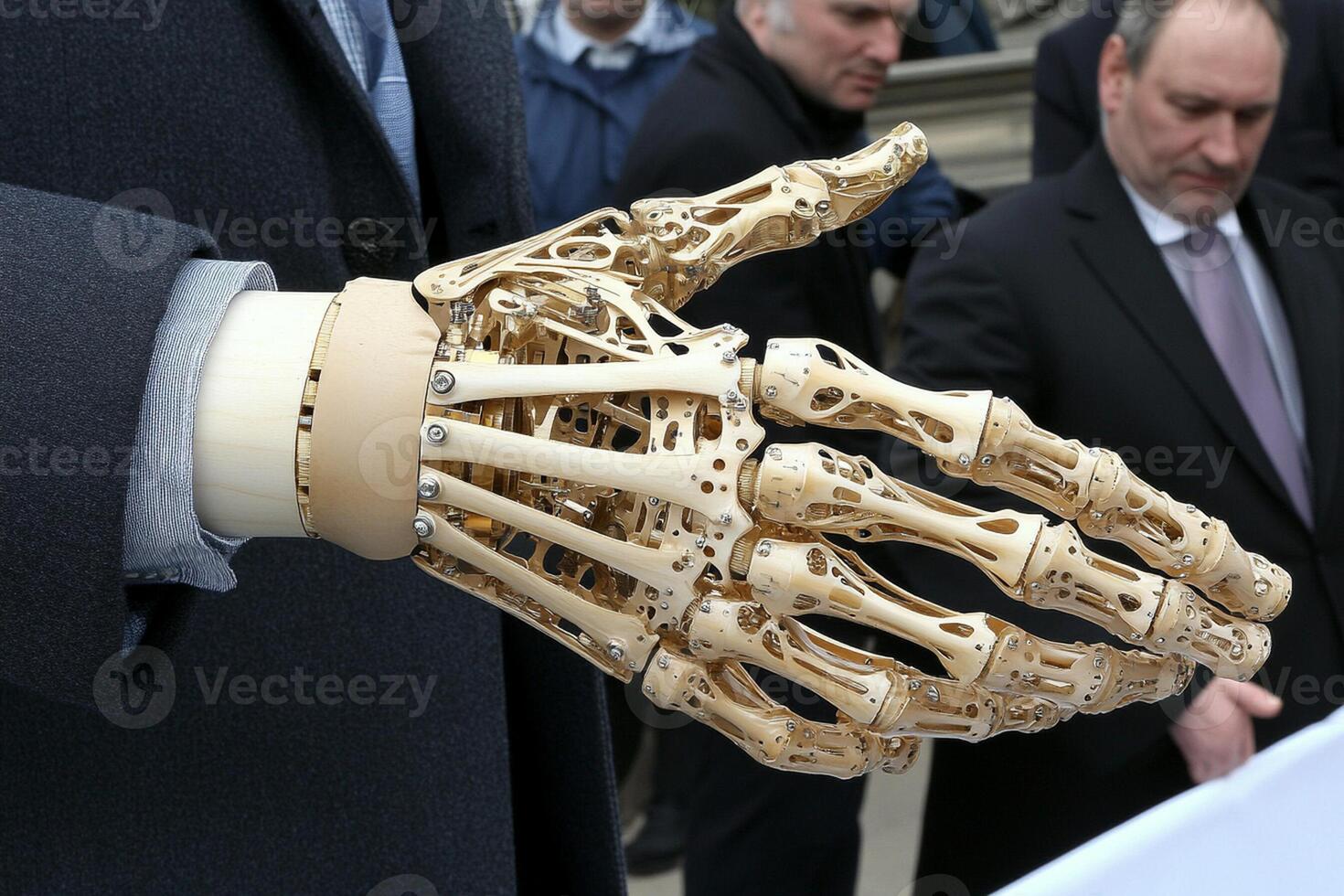 A man in a suit is holding a hand made out of a human skeleton photo