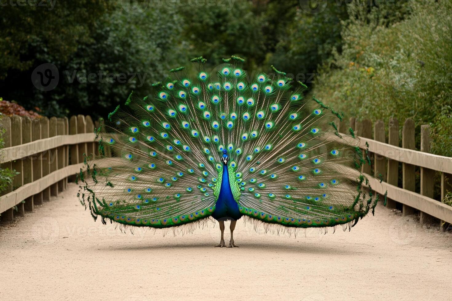 A peacock is standing on a bridge photo
