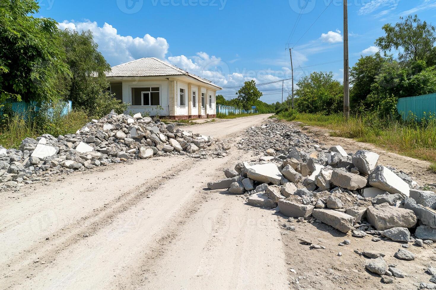 A dirt road with rubble and a house photo