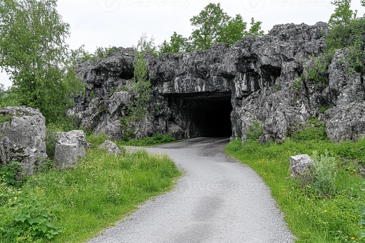 A tunnel in the middle of a rocky area photo
