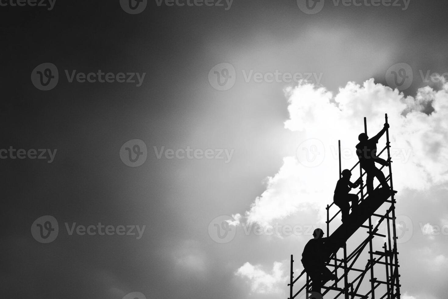 A black and white photo of workers on scaffolding