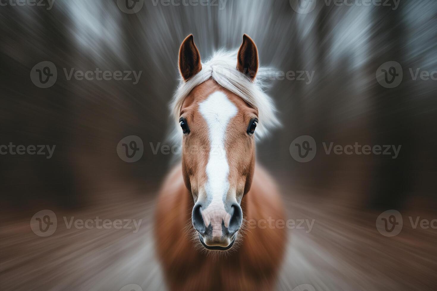 A horse is in motion with blurry background photo