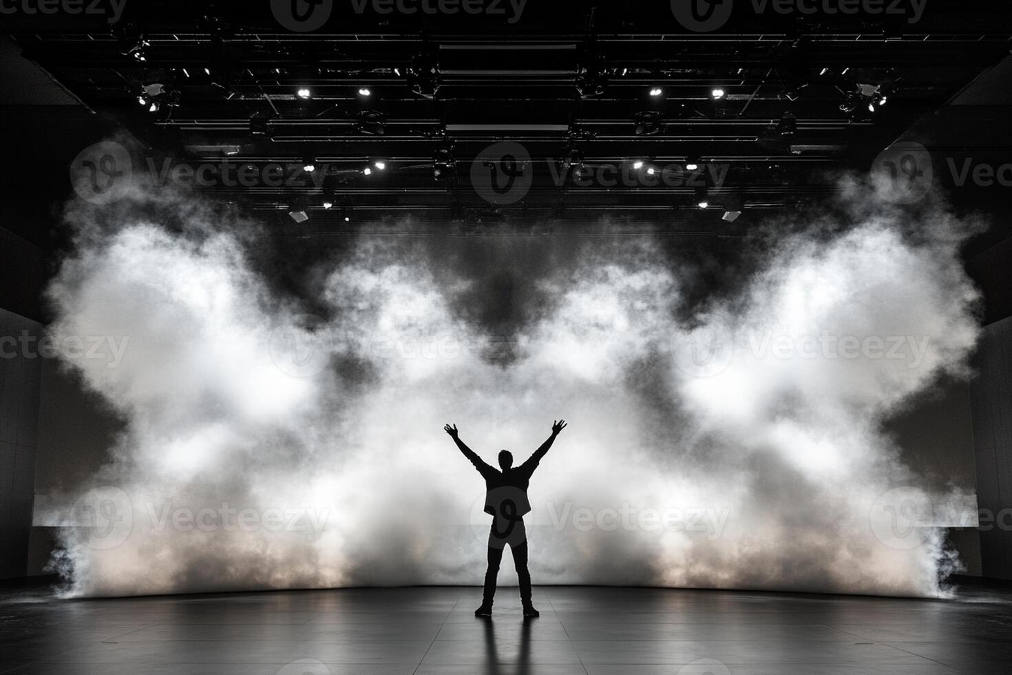 A person standing in front of a large cloud of smoke photo