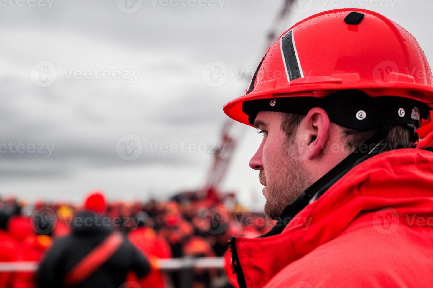 A man in an orange hard hat and jacket looking at the crowd photo
