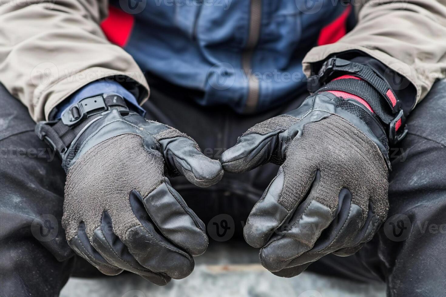 A man wearing gloves and a jacket sitting on a bench photo