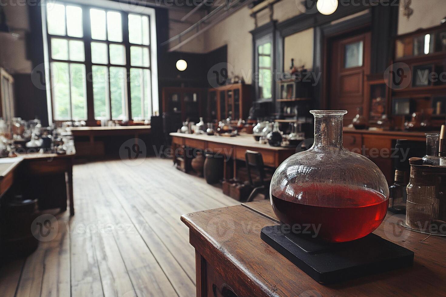A laboratory with a glass bottle and a beaker photo