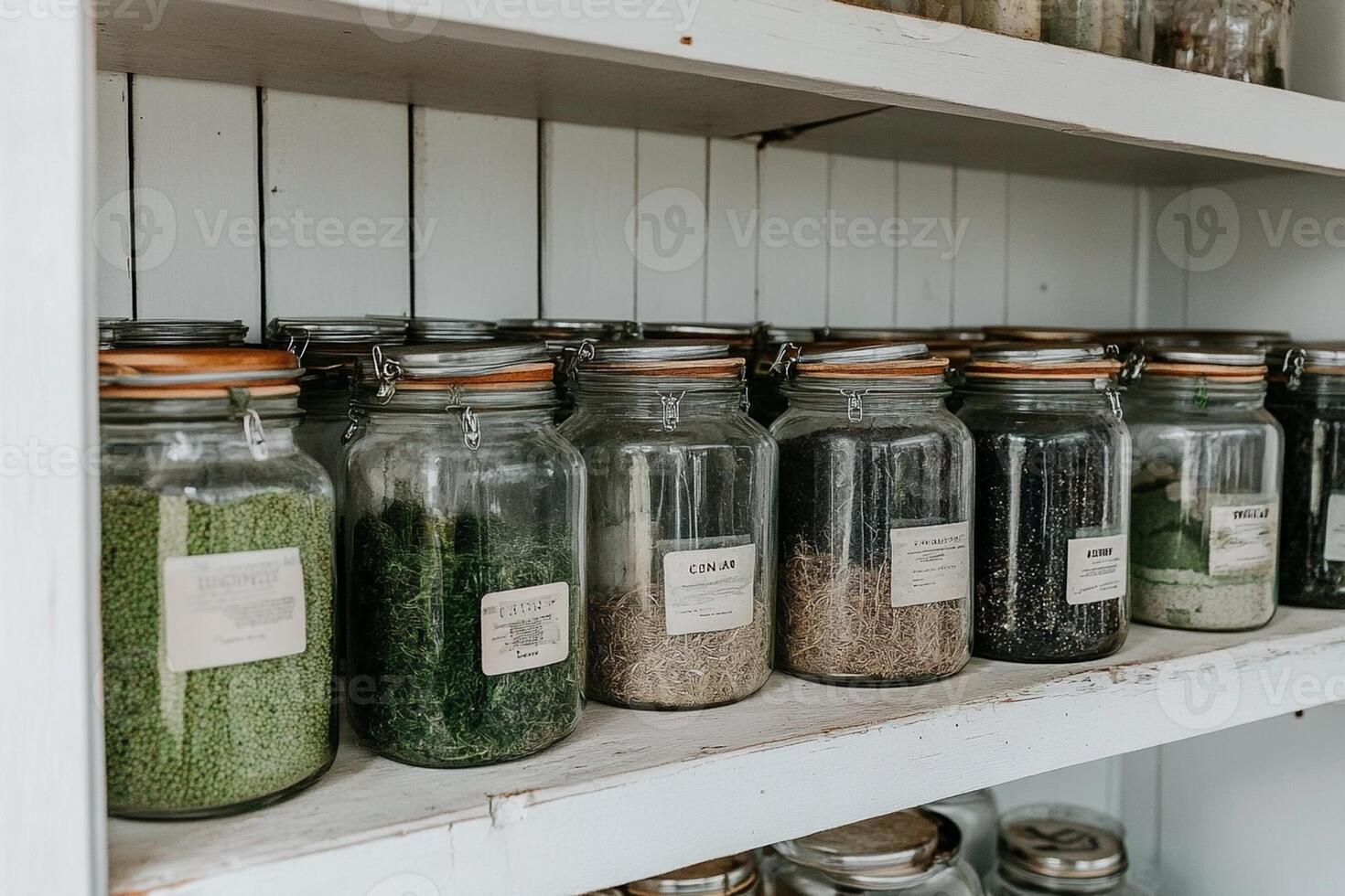 A shelf filled with jars of herbs and spices photo