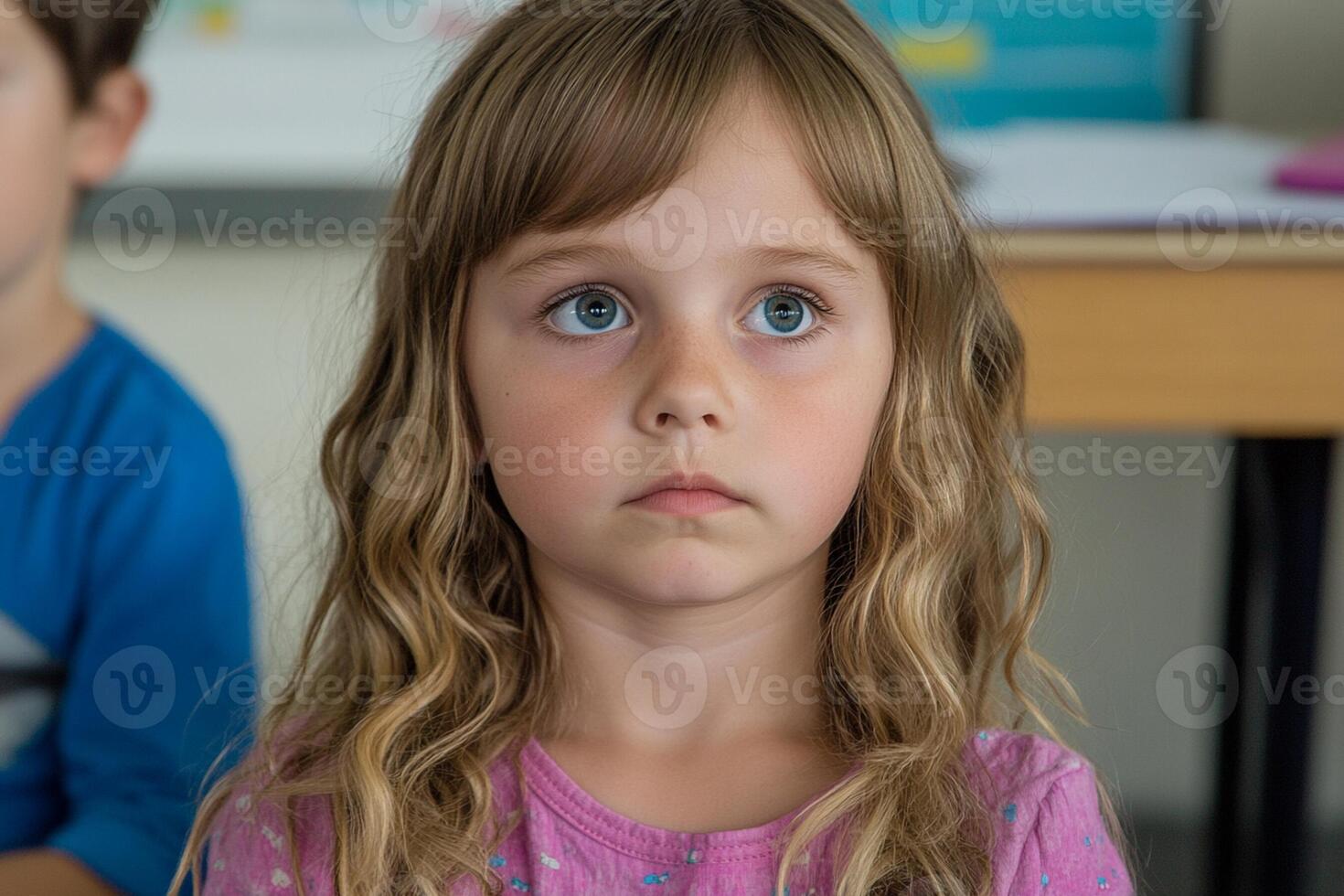 A young girl with blue eyes sitting in front of a classroom photo