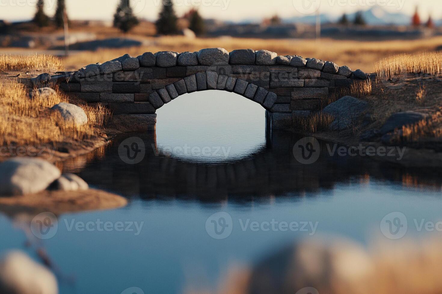 A stone bridge over a small pond in a field photo