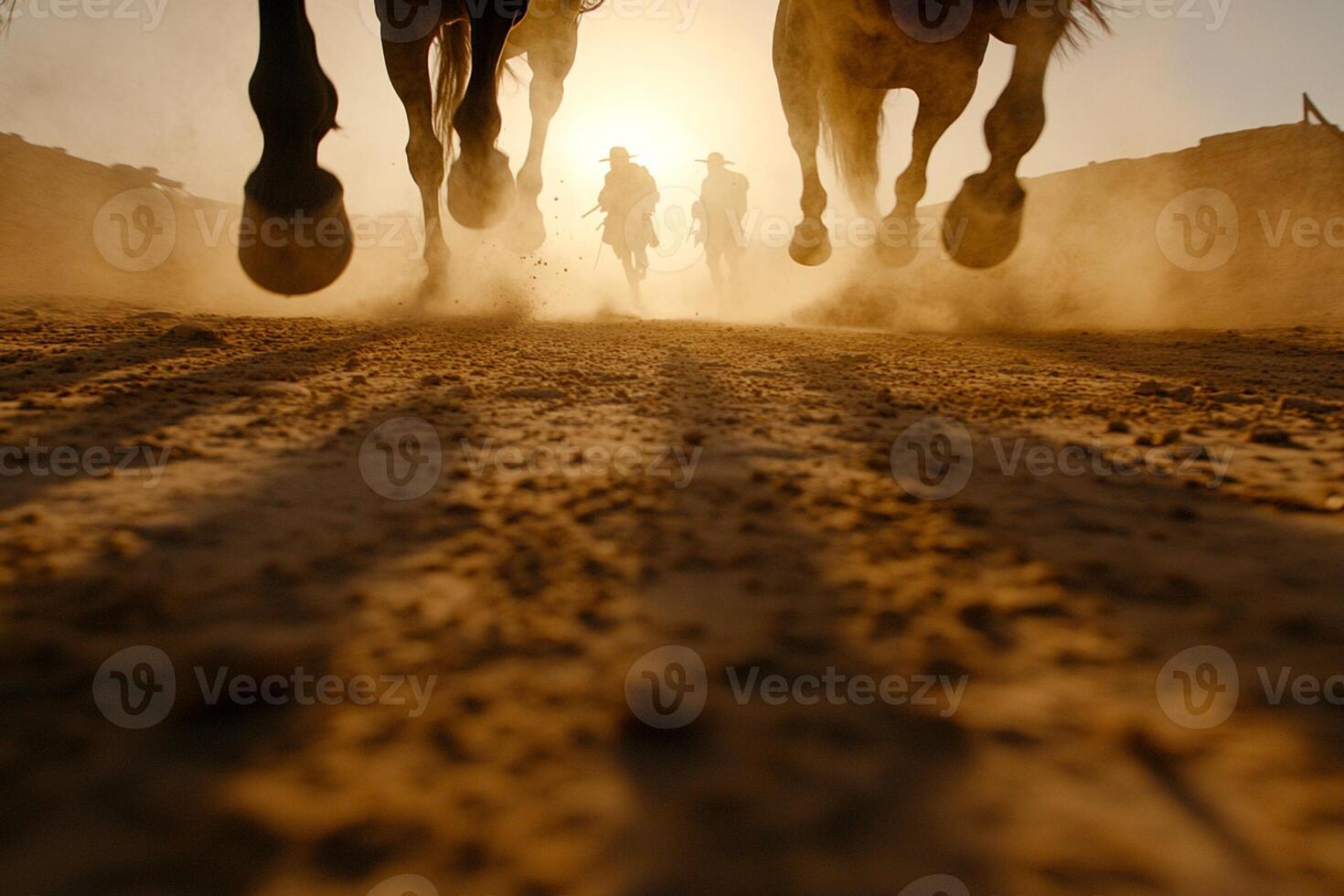 A group of people riding horses in the desert photo