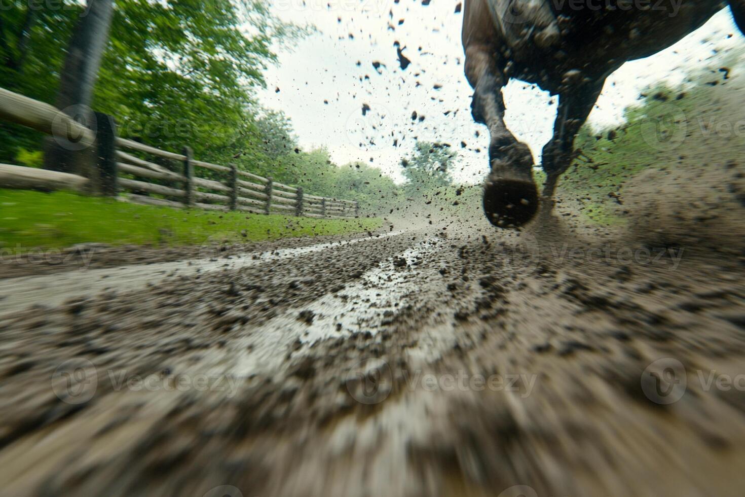 A horse running on a dirt road photo