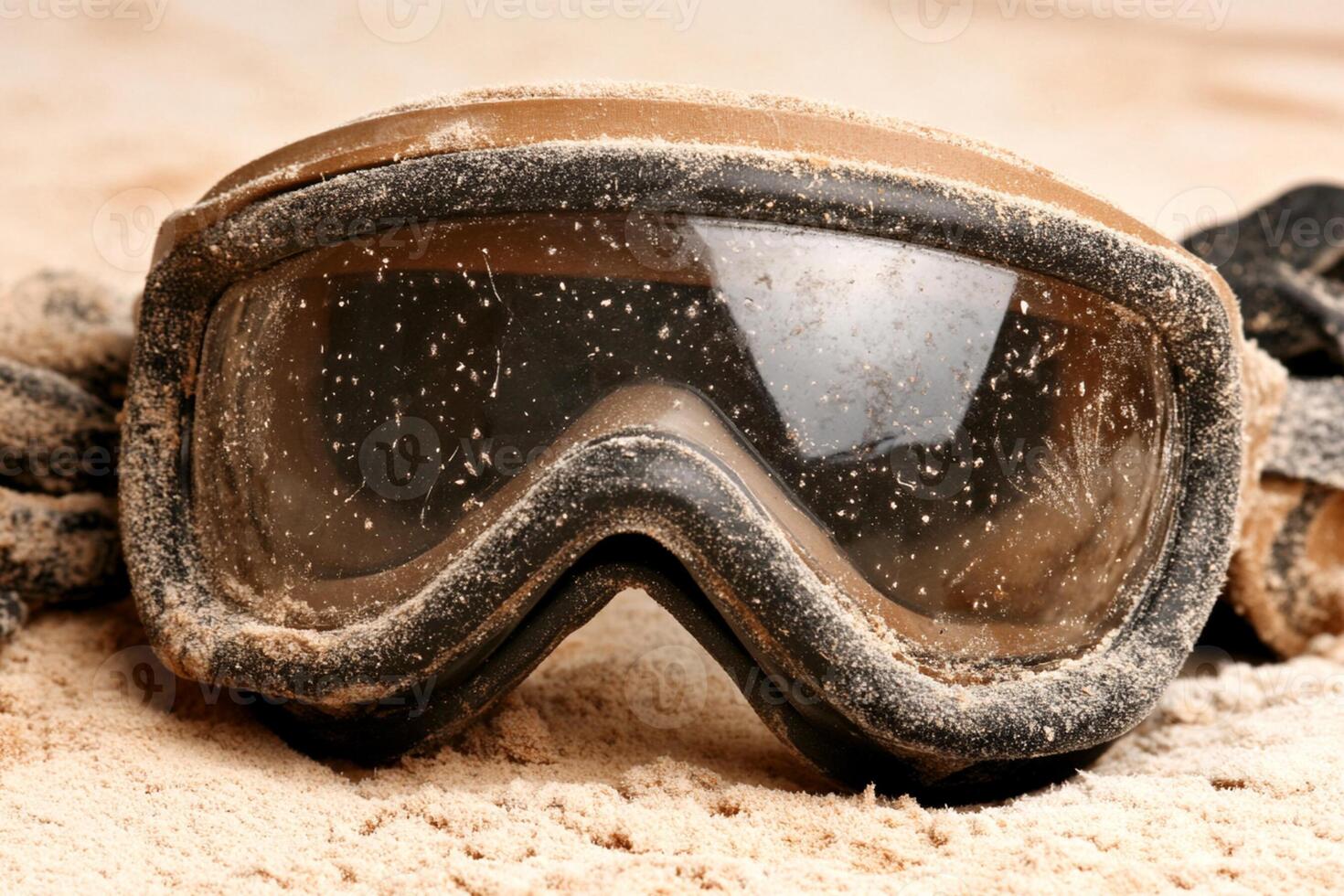 A pair of goggles and gloves laying on the sand photo