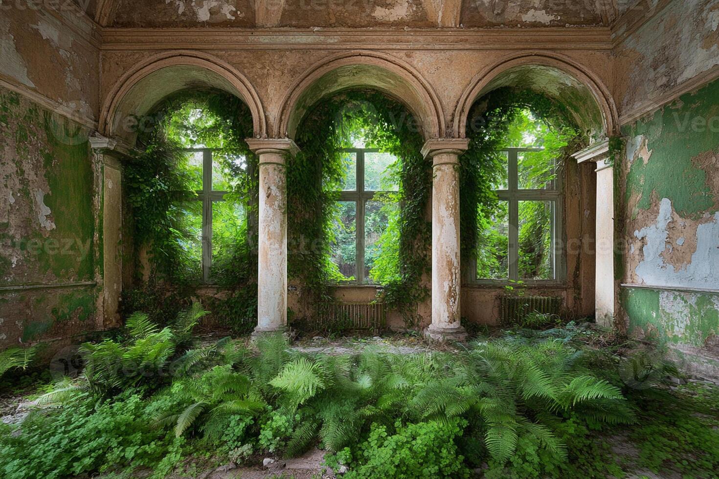 The abandoned room is full of green plants photo