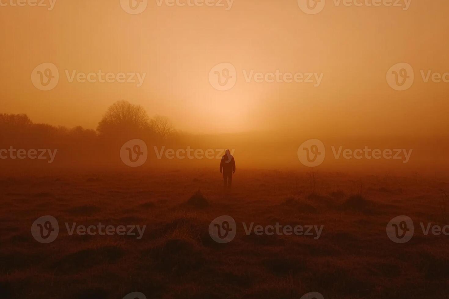 A person standing in a field with the sun setting photo