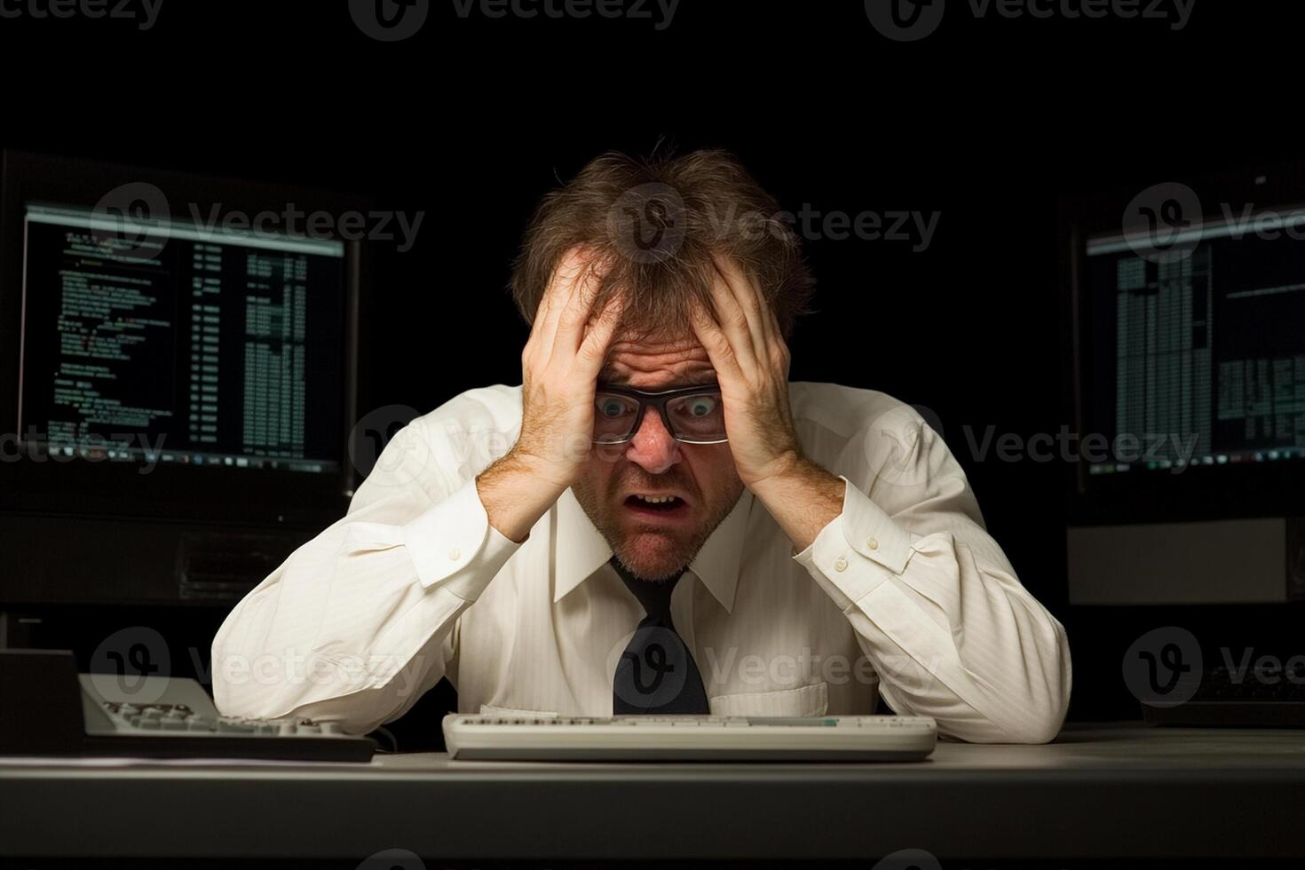 A man in a tie and shirt sitting in front of two computer monitors photo