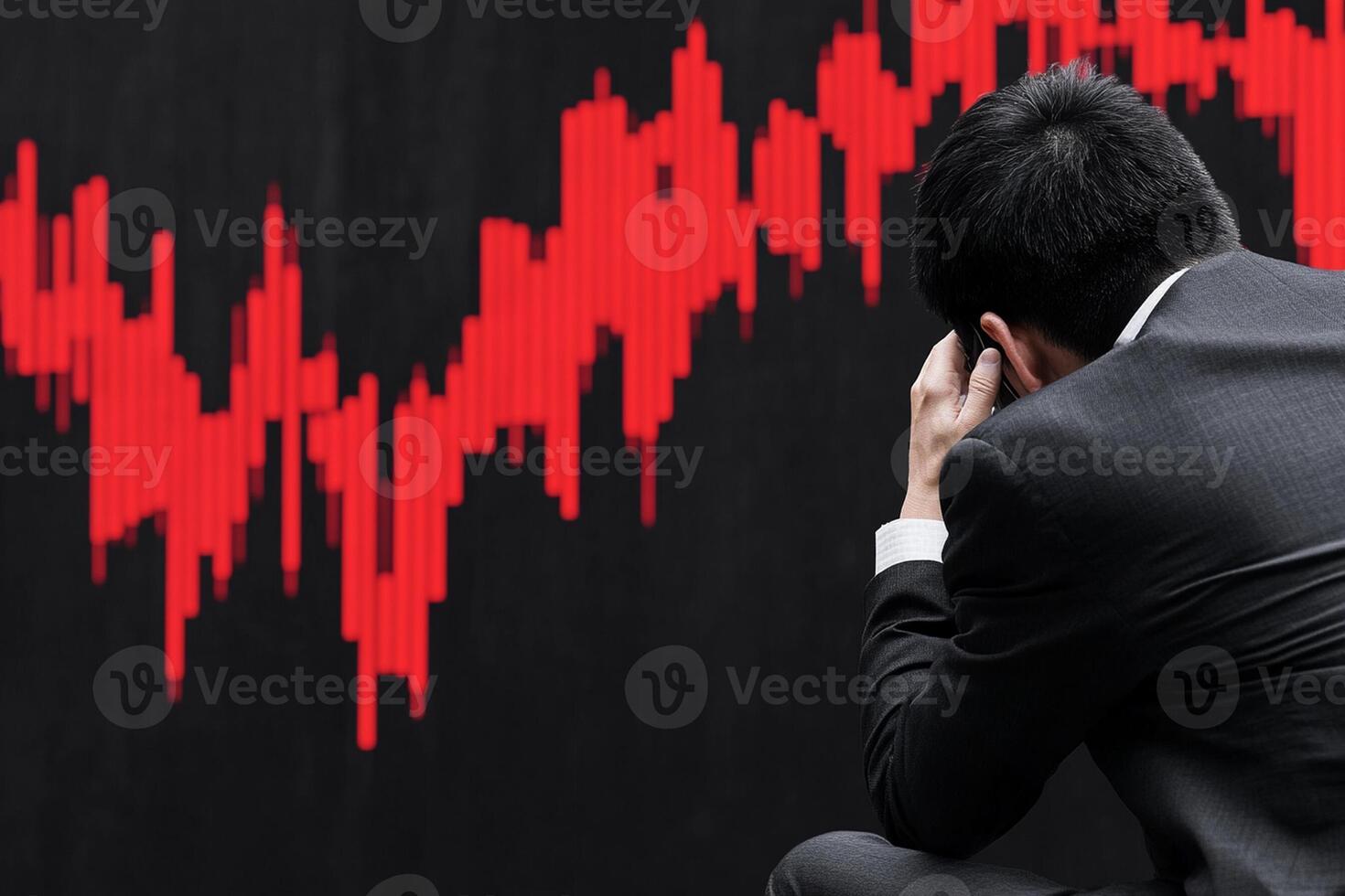 A man in a suit is sitting on the ground with his head down photo