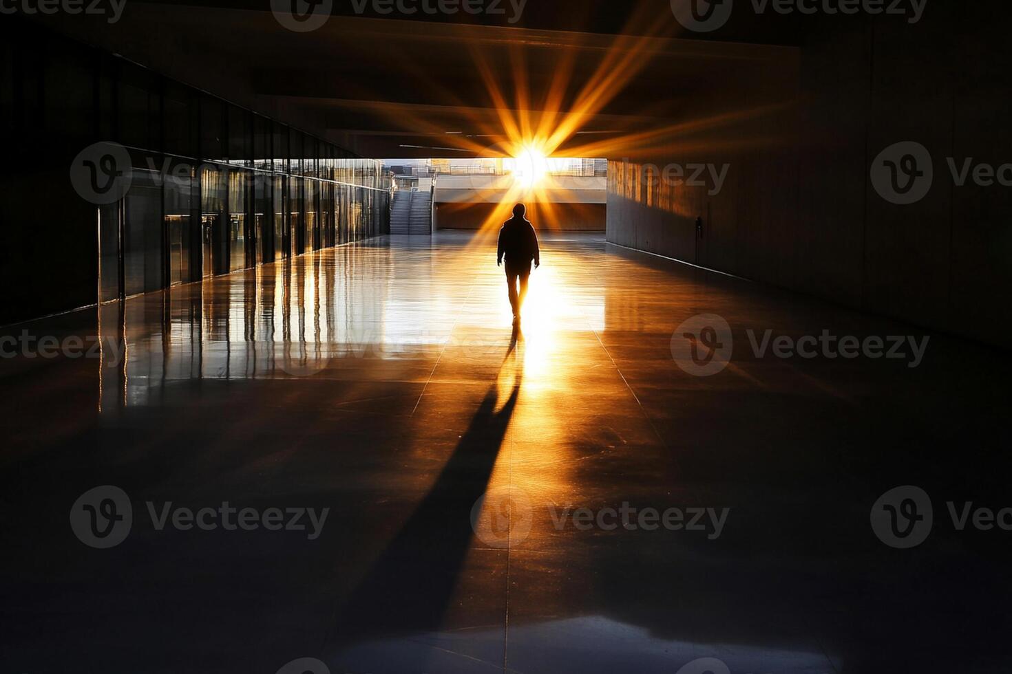 A person walking through an empty hallway with the sun shining through photo