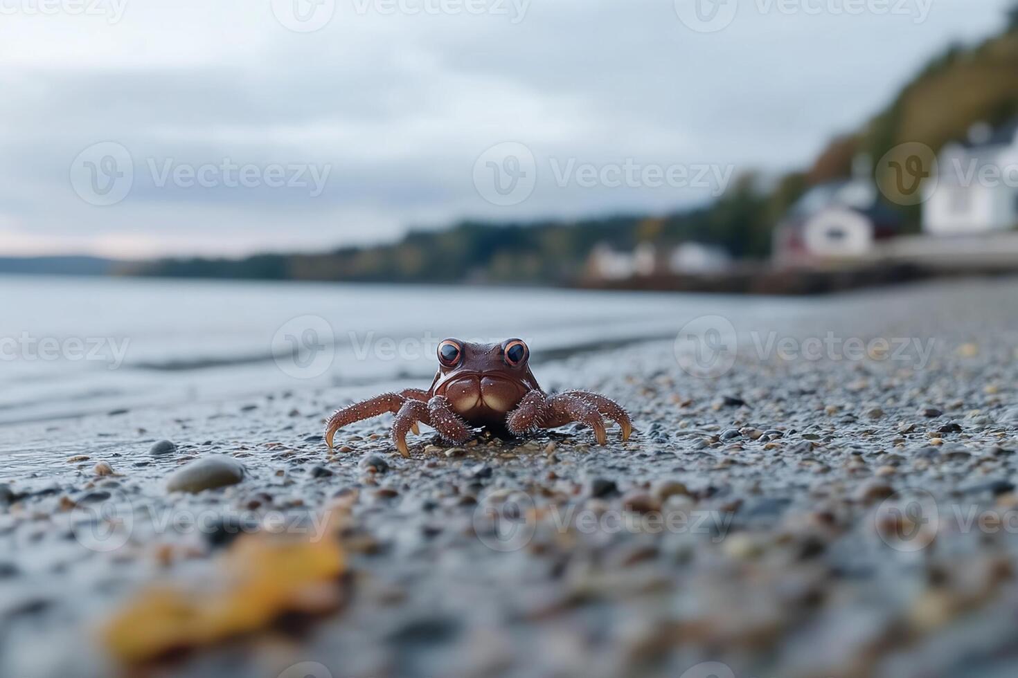 A crab walking on the beach near a house photo