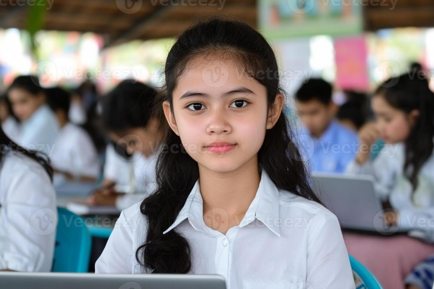 A young girl in a classroom with her laptop photo