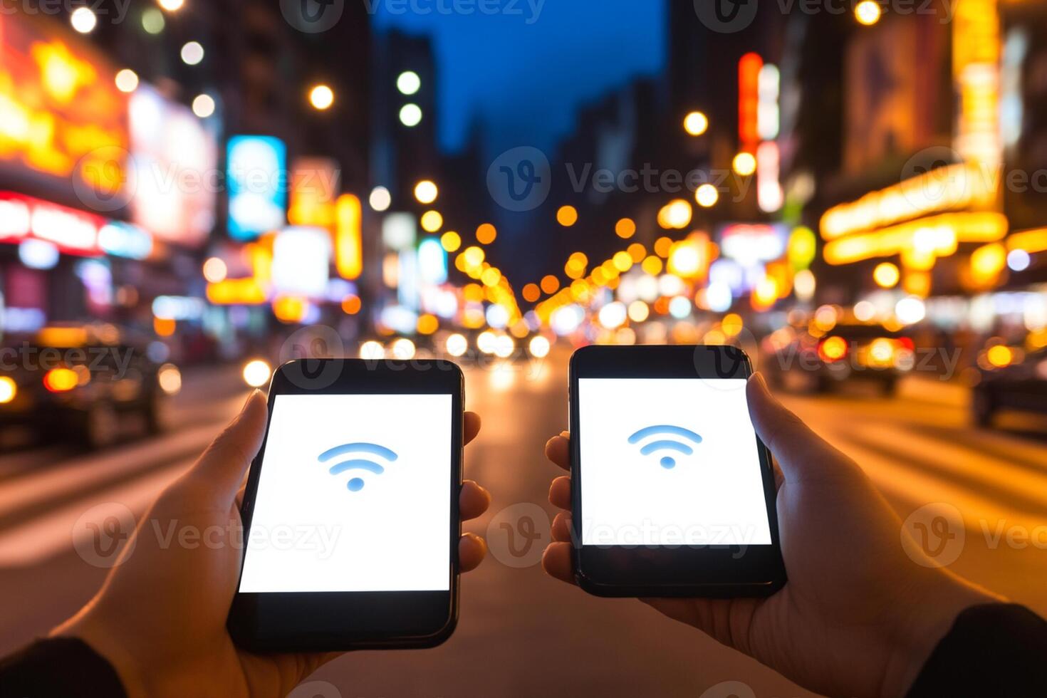 Two hands holding smartphones with wifi icons on them photo