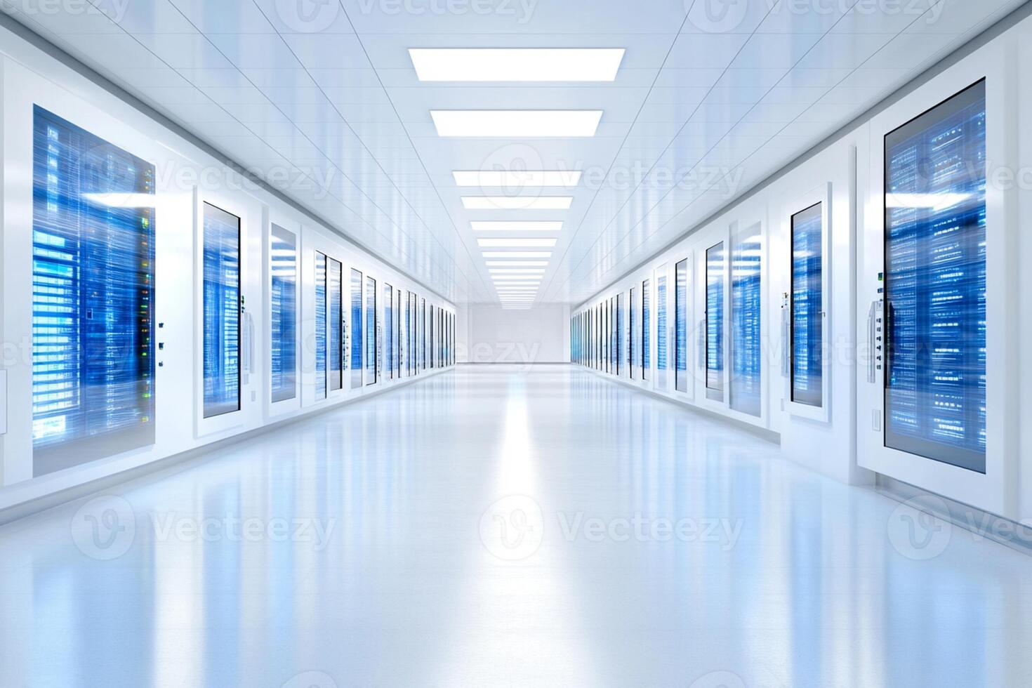 A long hallway with blue and white walls photo