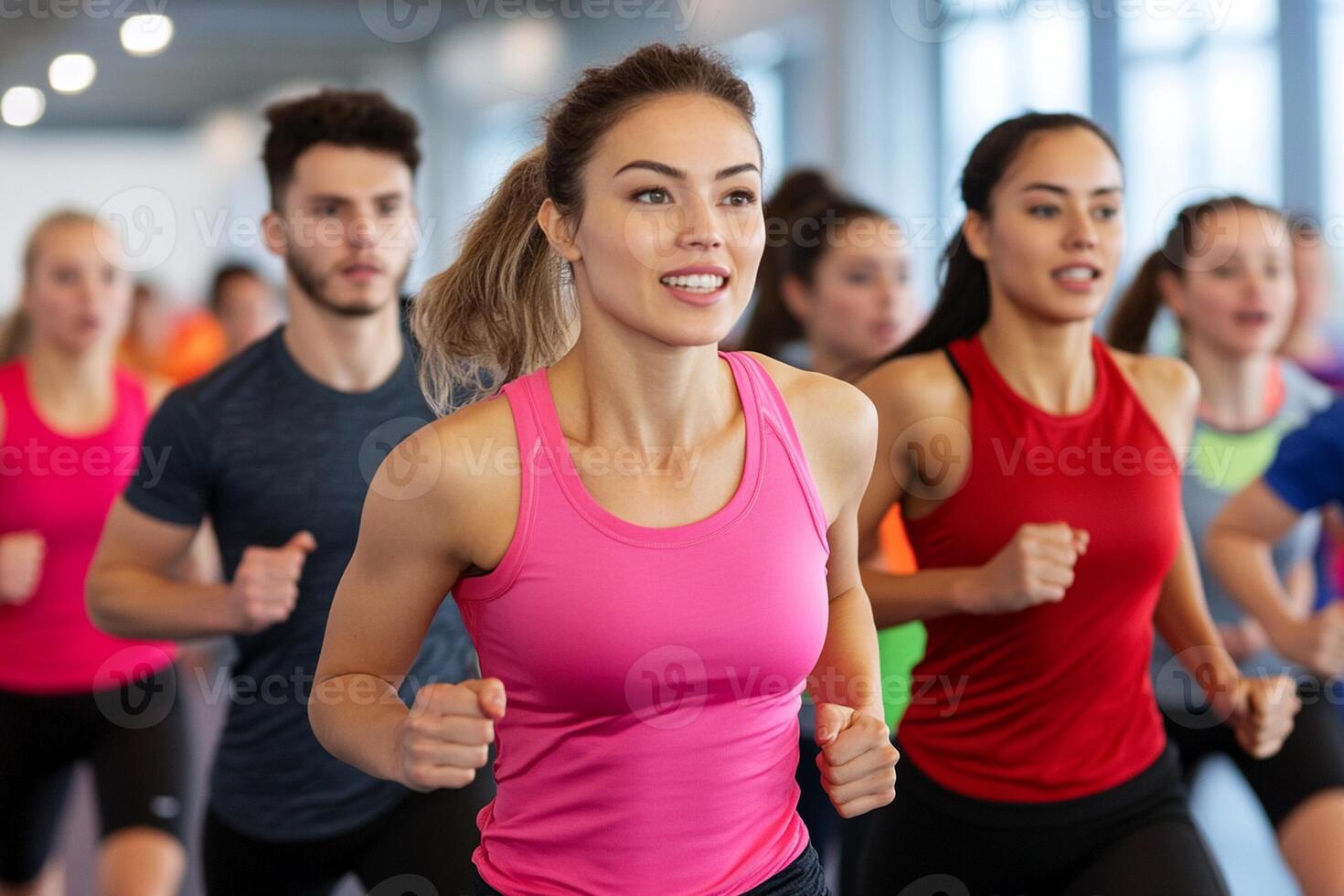 A group of people running in a gym photo