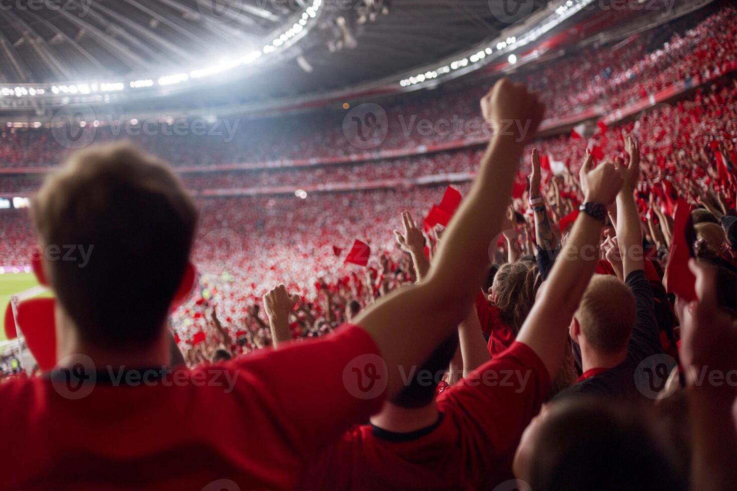 A crowd of people in a stadium with their hands up photo