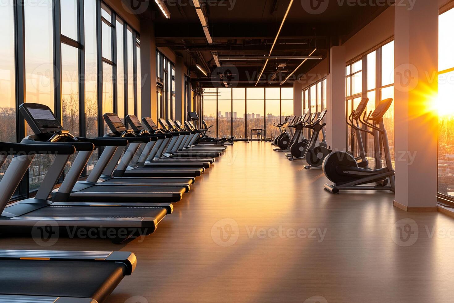 A gym with tread machines and windows looking out over the city photo