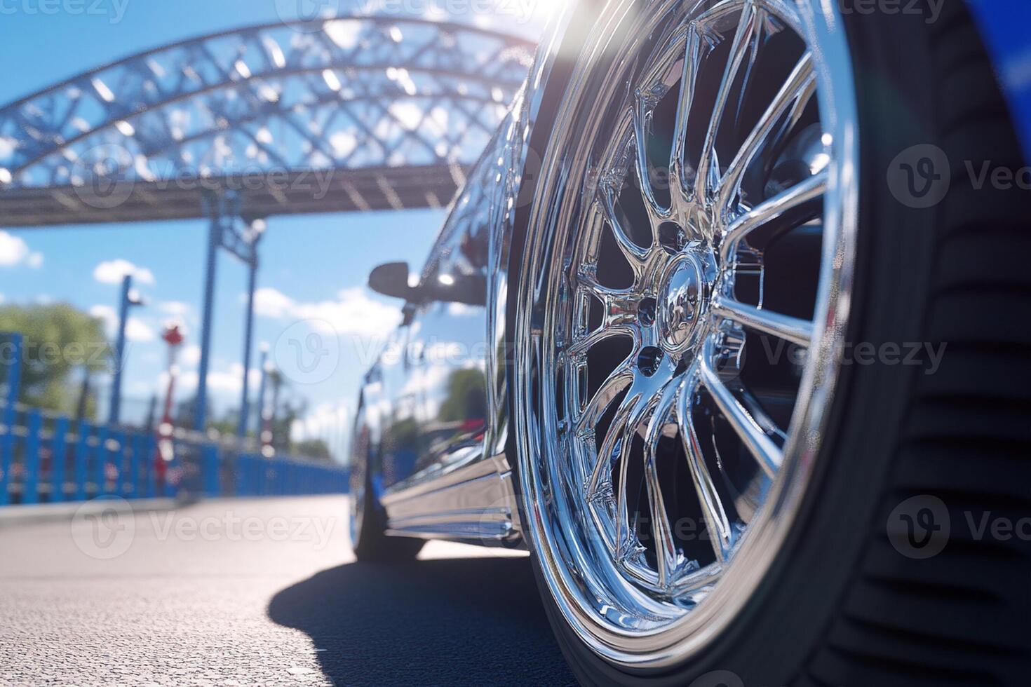 A blue car with a wheel on the road photo