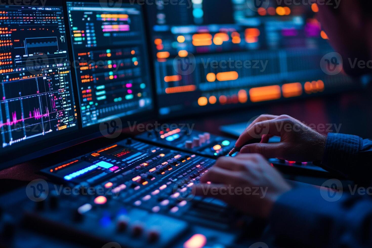 A person is using a computer with multiple screens photo