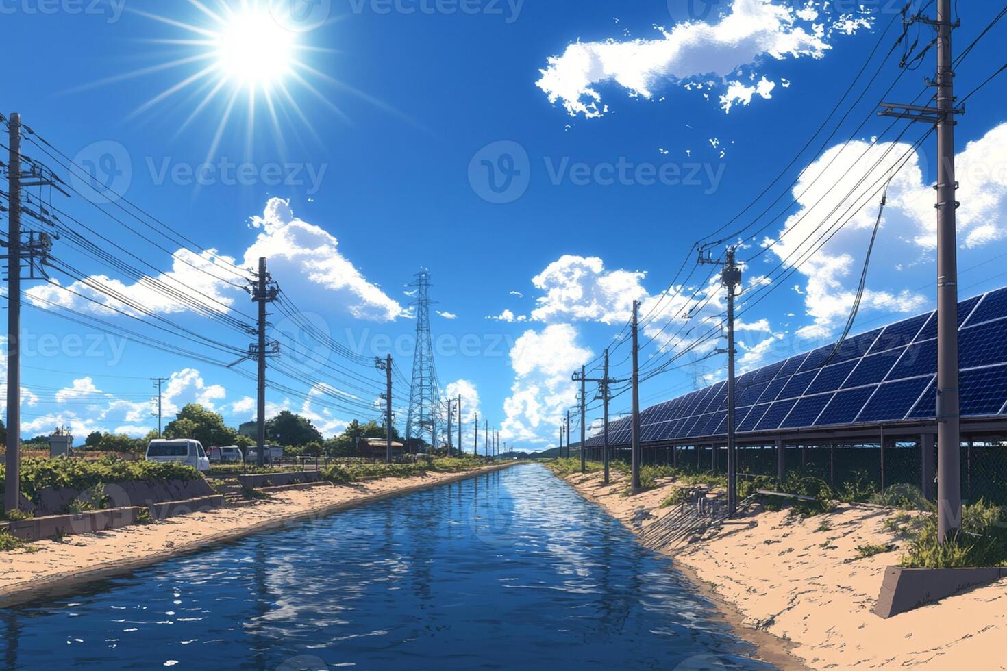 An illustration of a canal with solar panels on it photo