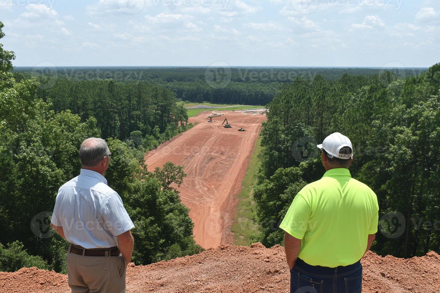 Two men standing on a hill overlooking a construction site photo