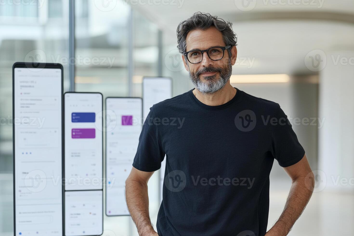 A man with glasses standing in front of a wall with multiple screens photo