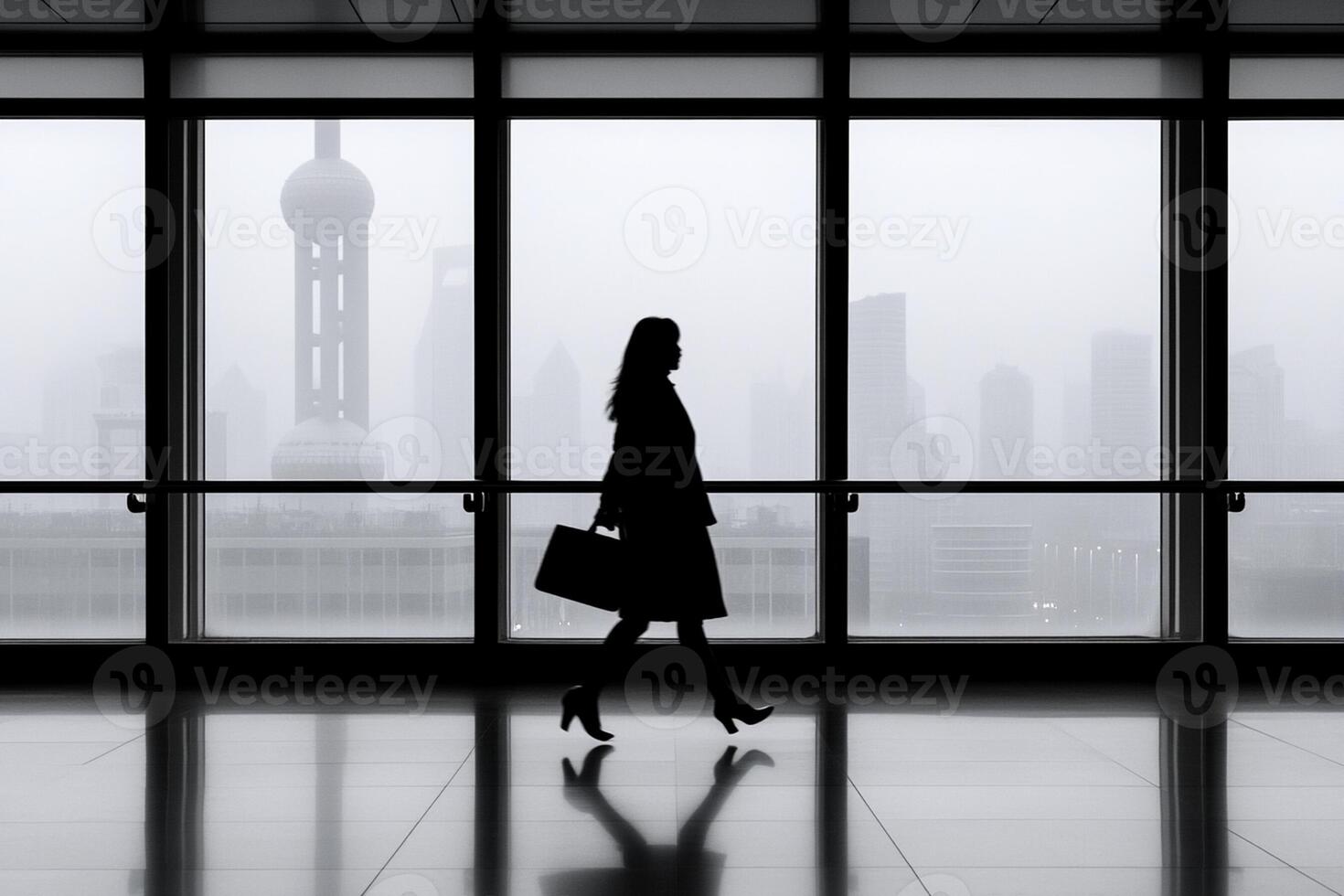 Silhouette of a woman walking in front of large windows photo