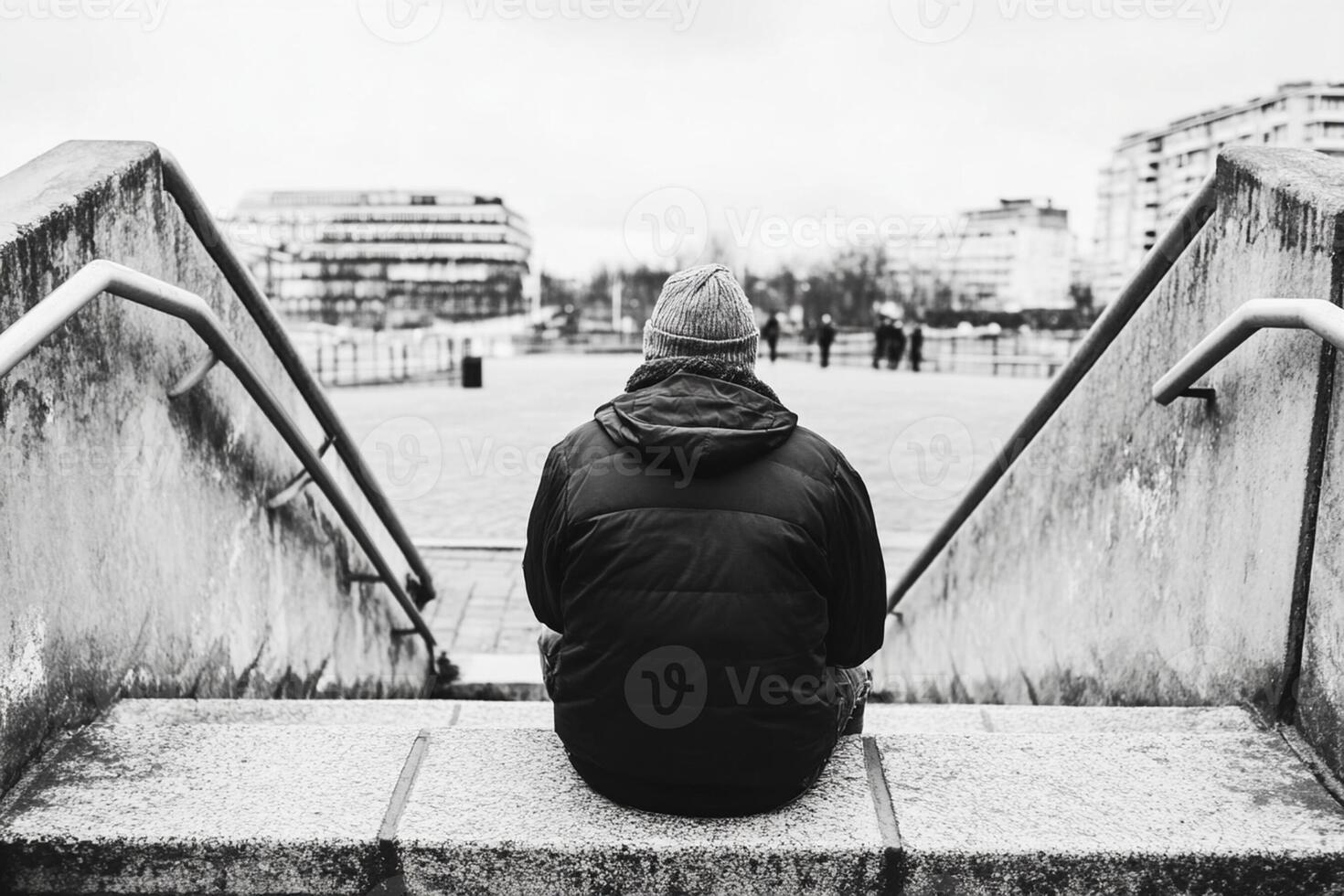 A person sitting on the steps of a building photo