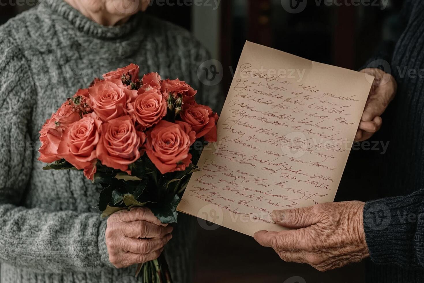Elderly man and woman holding a letter and a bouquet of roses photo