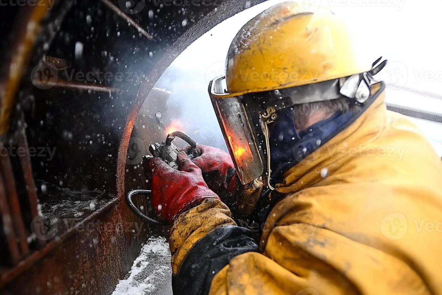 A man in yellow and red safety gear welding photo