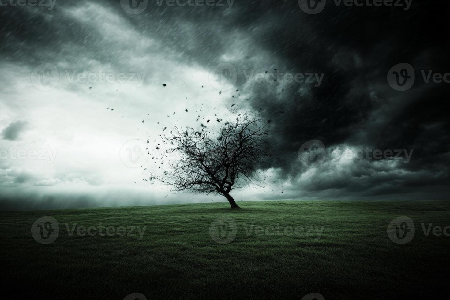 A lone tree in a field under a stormy sky photo
