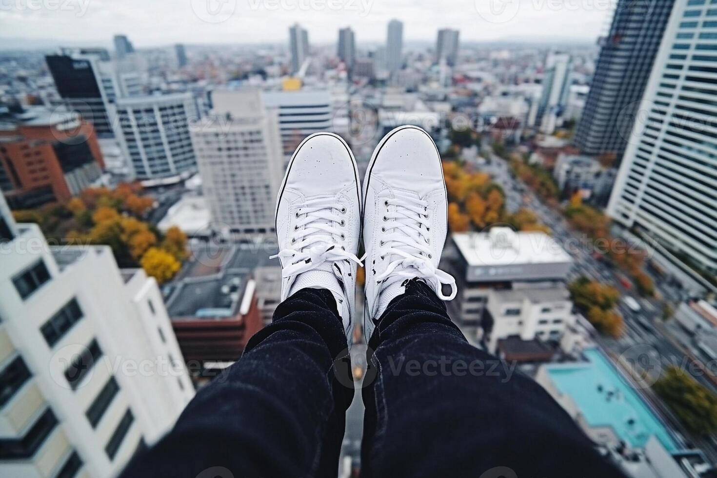 A person wearing white sneakers standing on a ledge with a city in the background photo