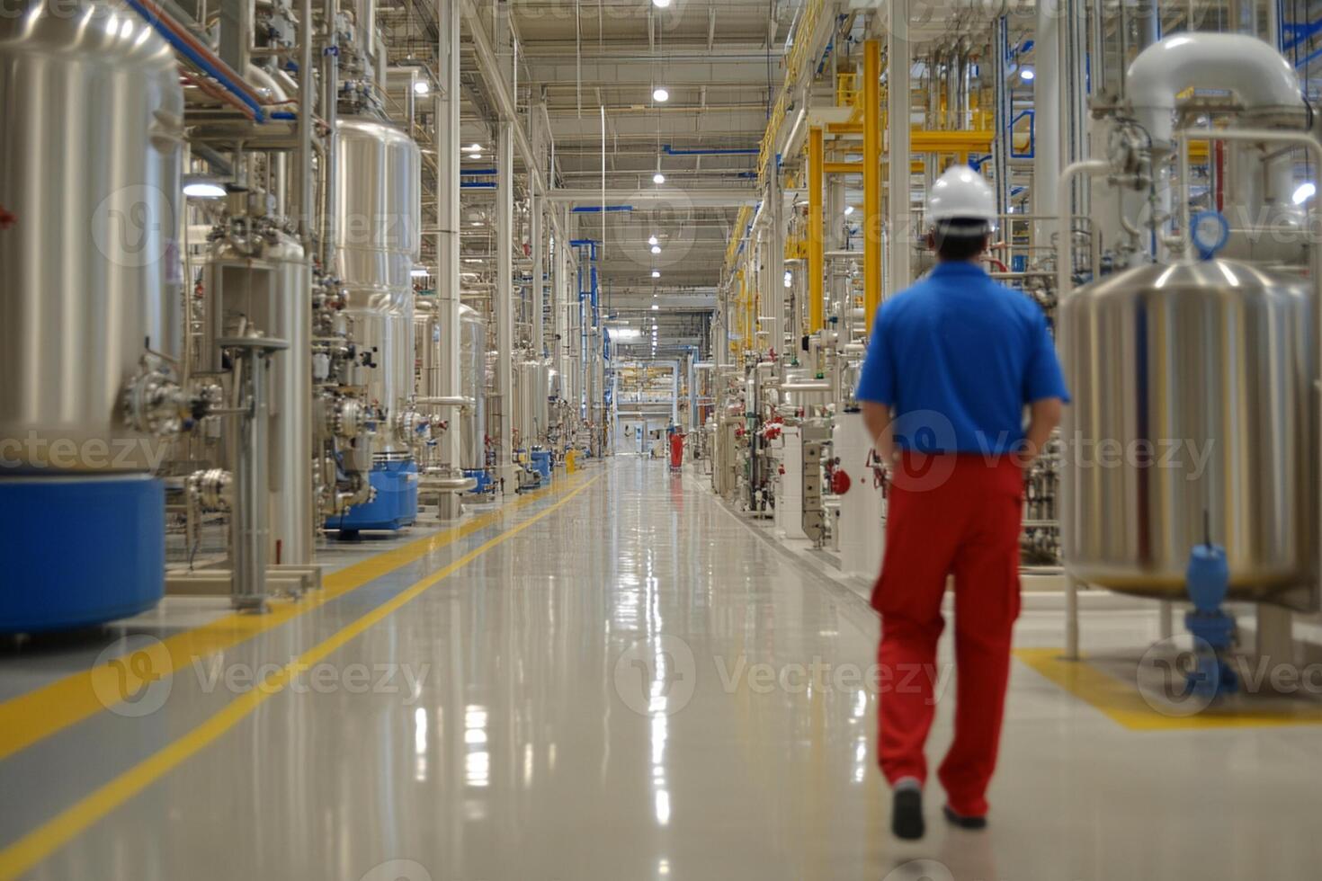 A man walking through a factory with pipes and tanks photo
