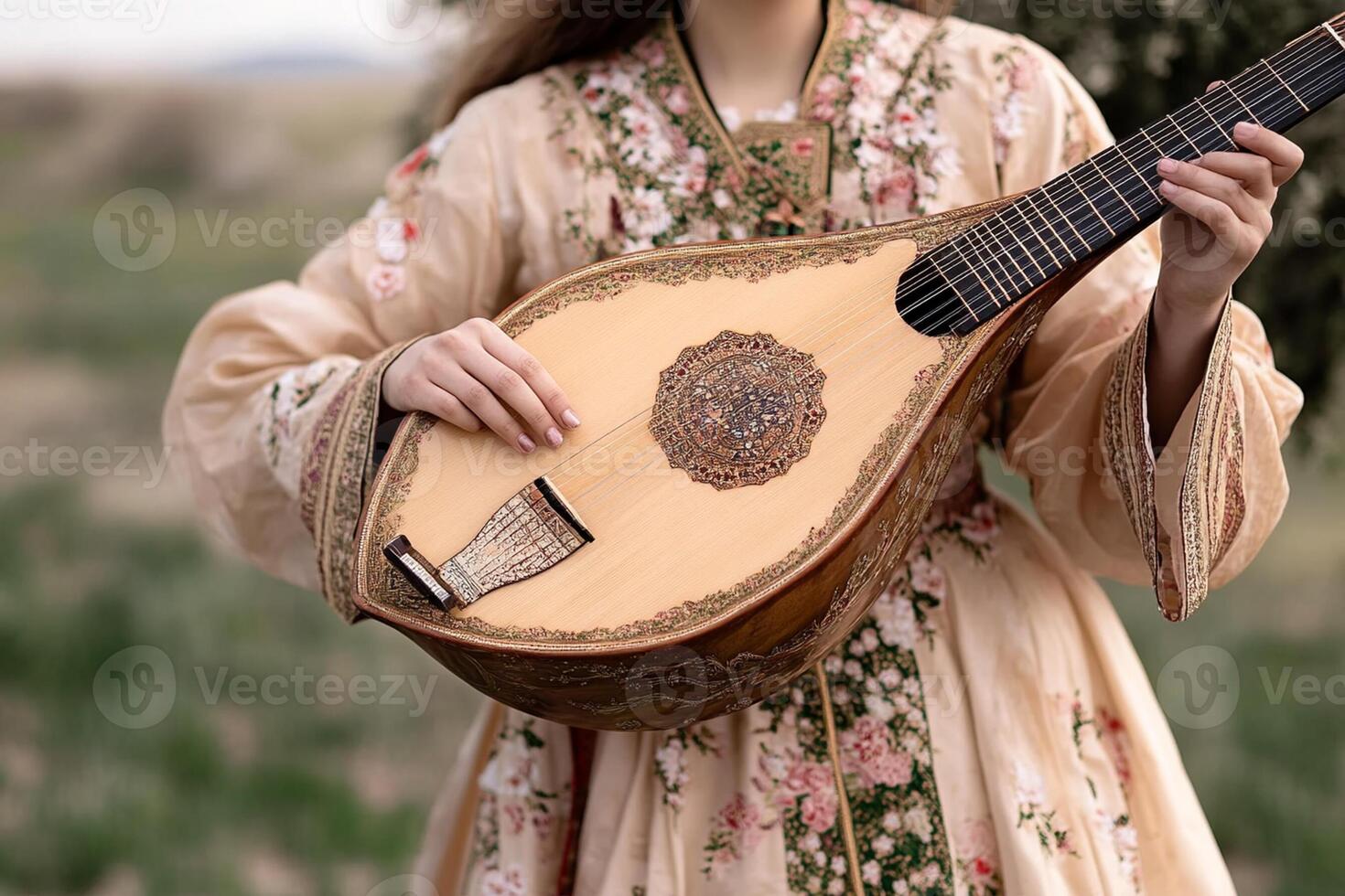 A woman in a traditional dress holding a lute photo