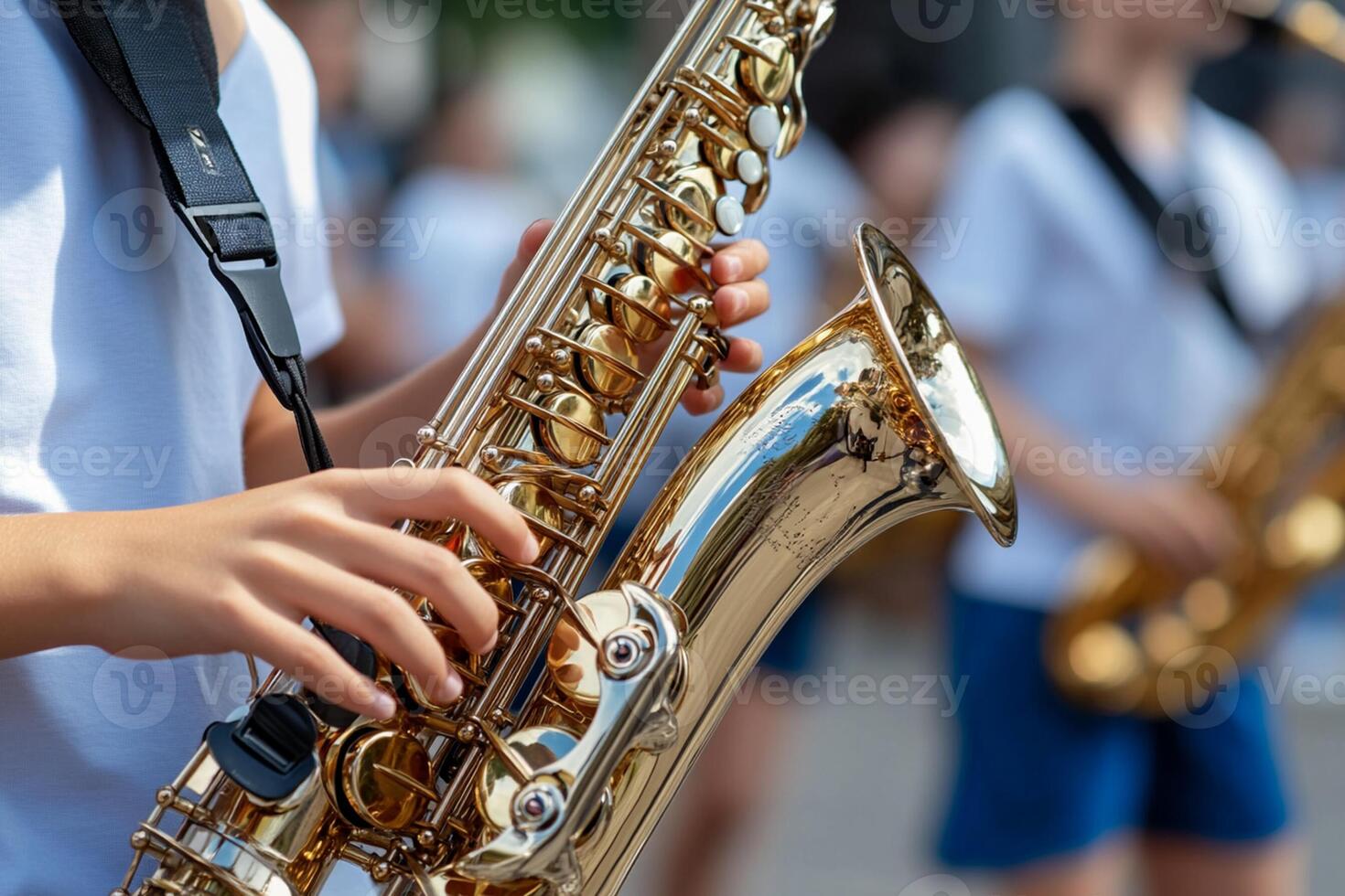 A person is playing a saxophone in a band photo