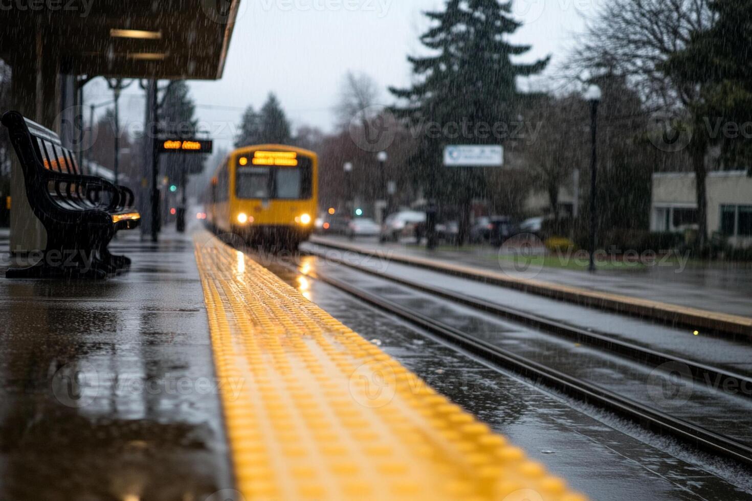 A train is pulling into a station in the rain photo