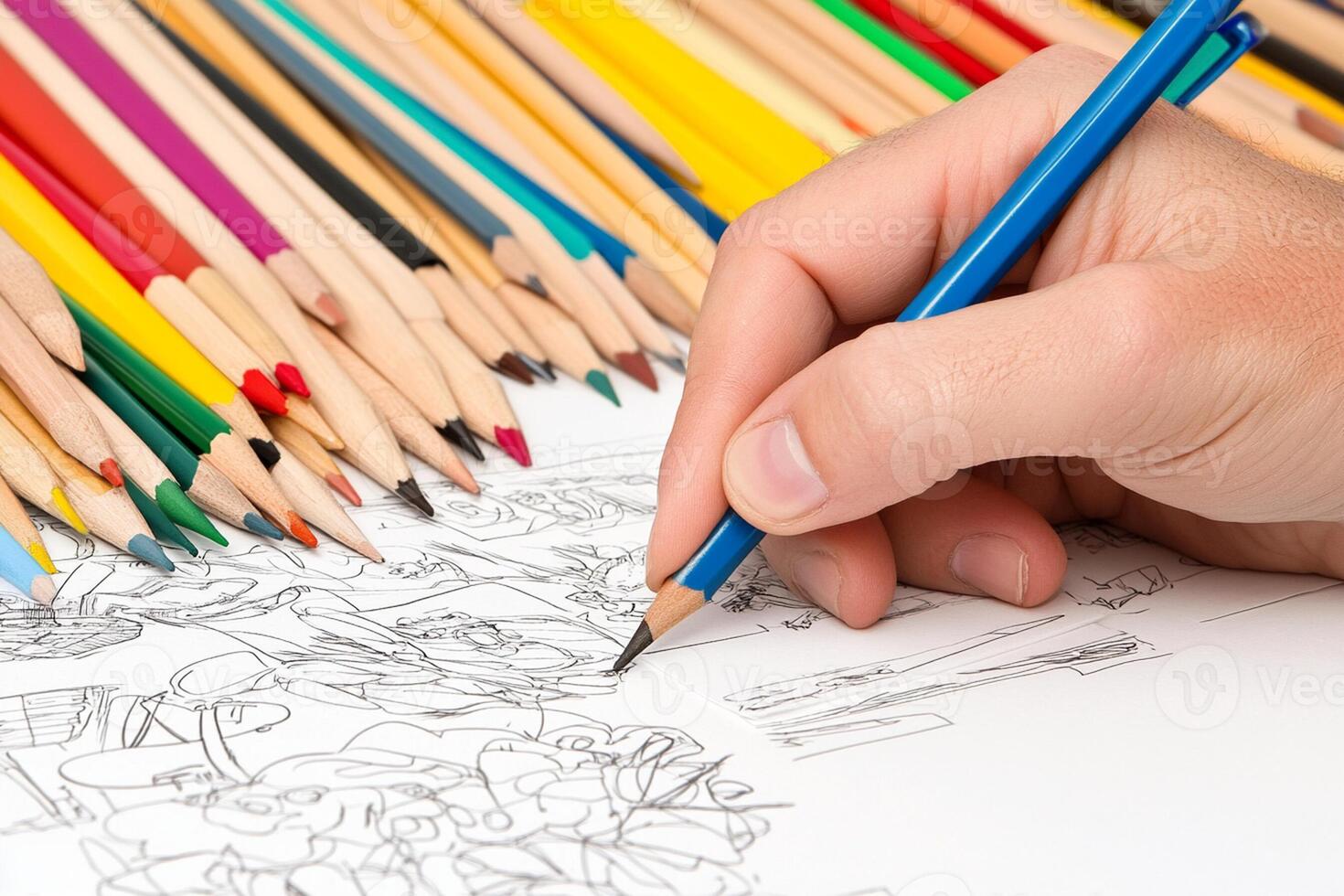 A person is drawing with colored pencils on a paper photo