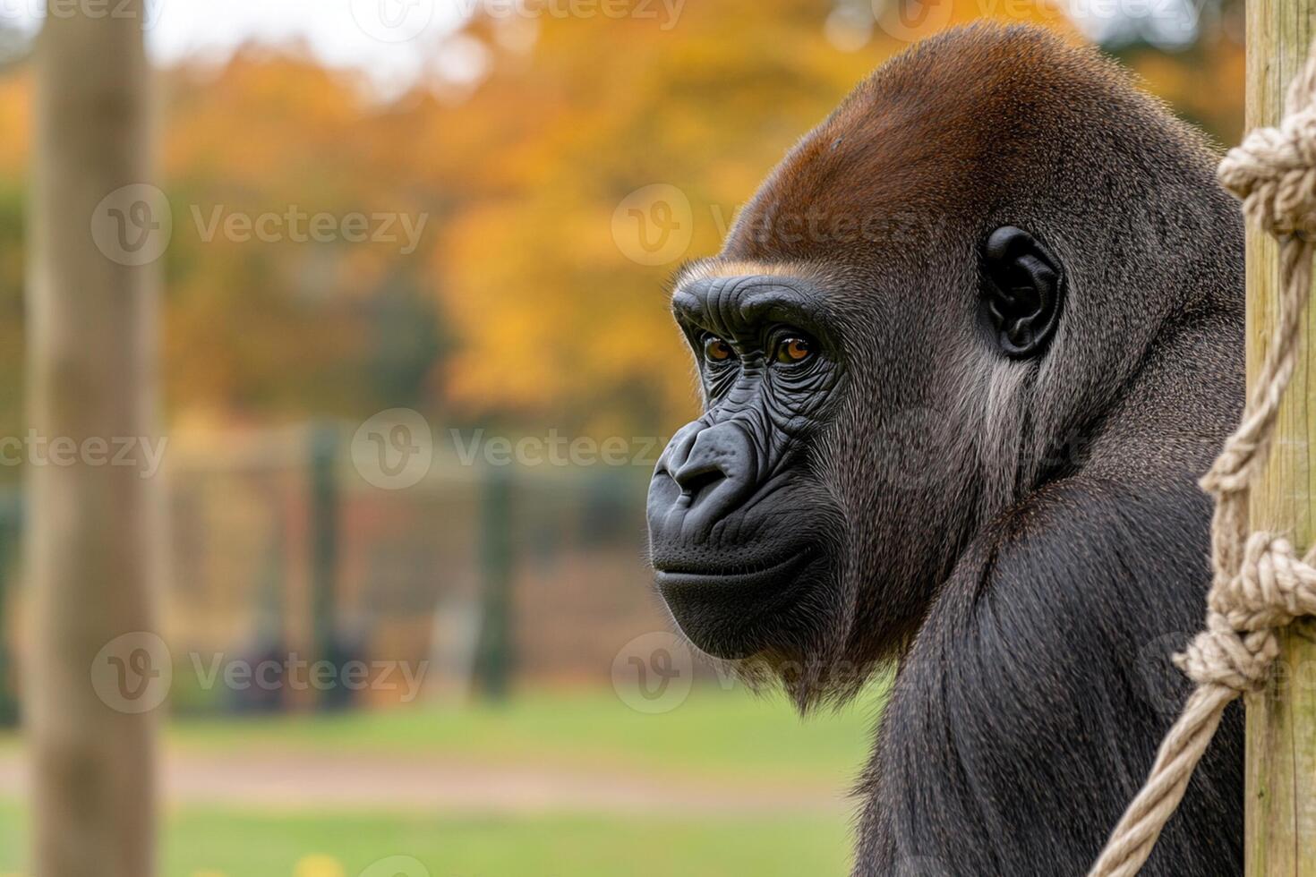 A gorilla is looking out of a tree photo