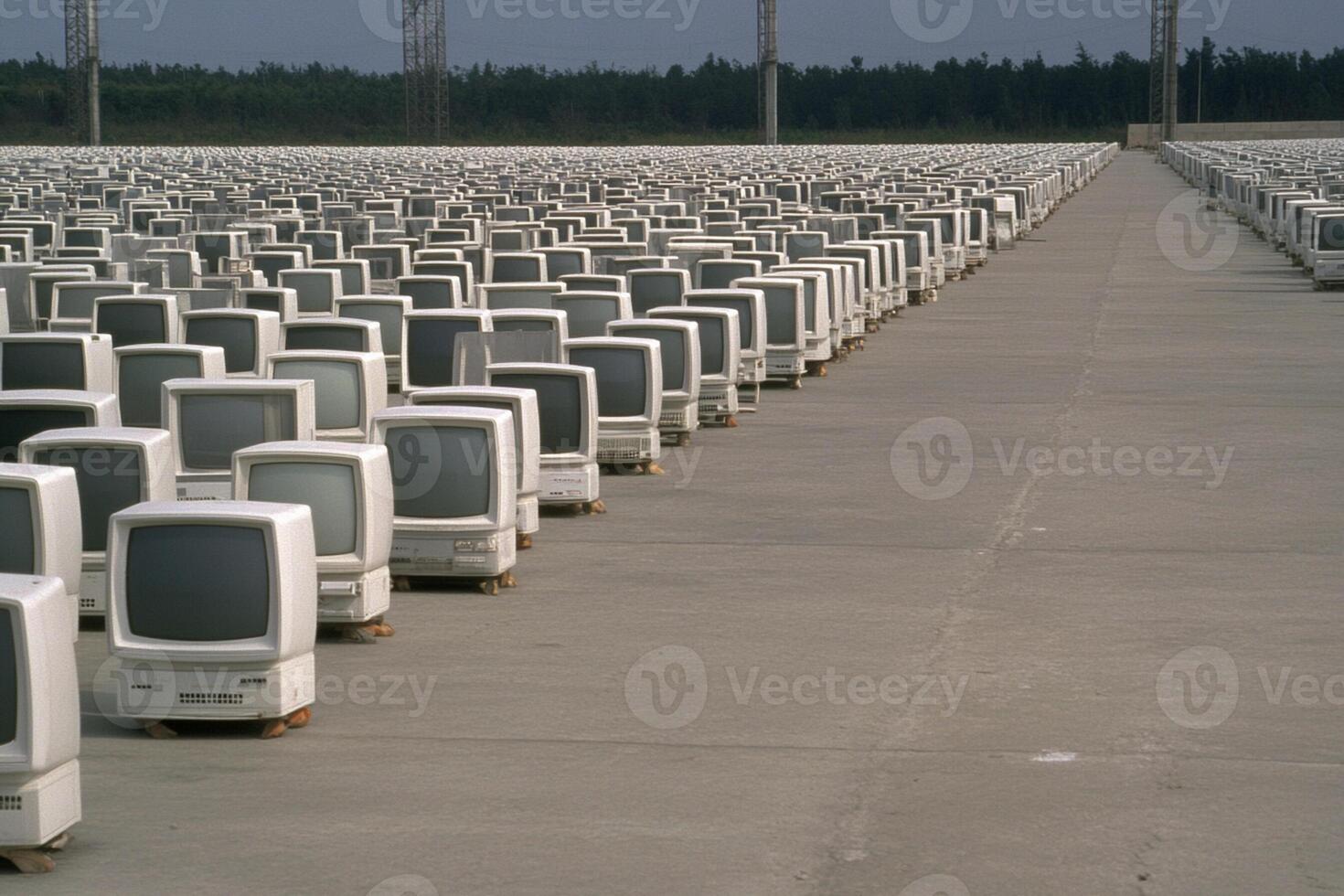 A large number of computers sitting in a row photo