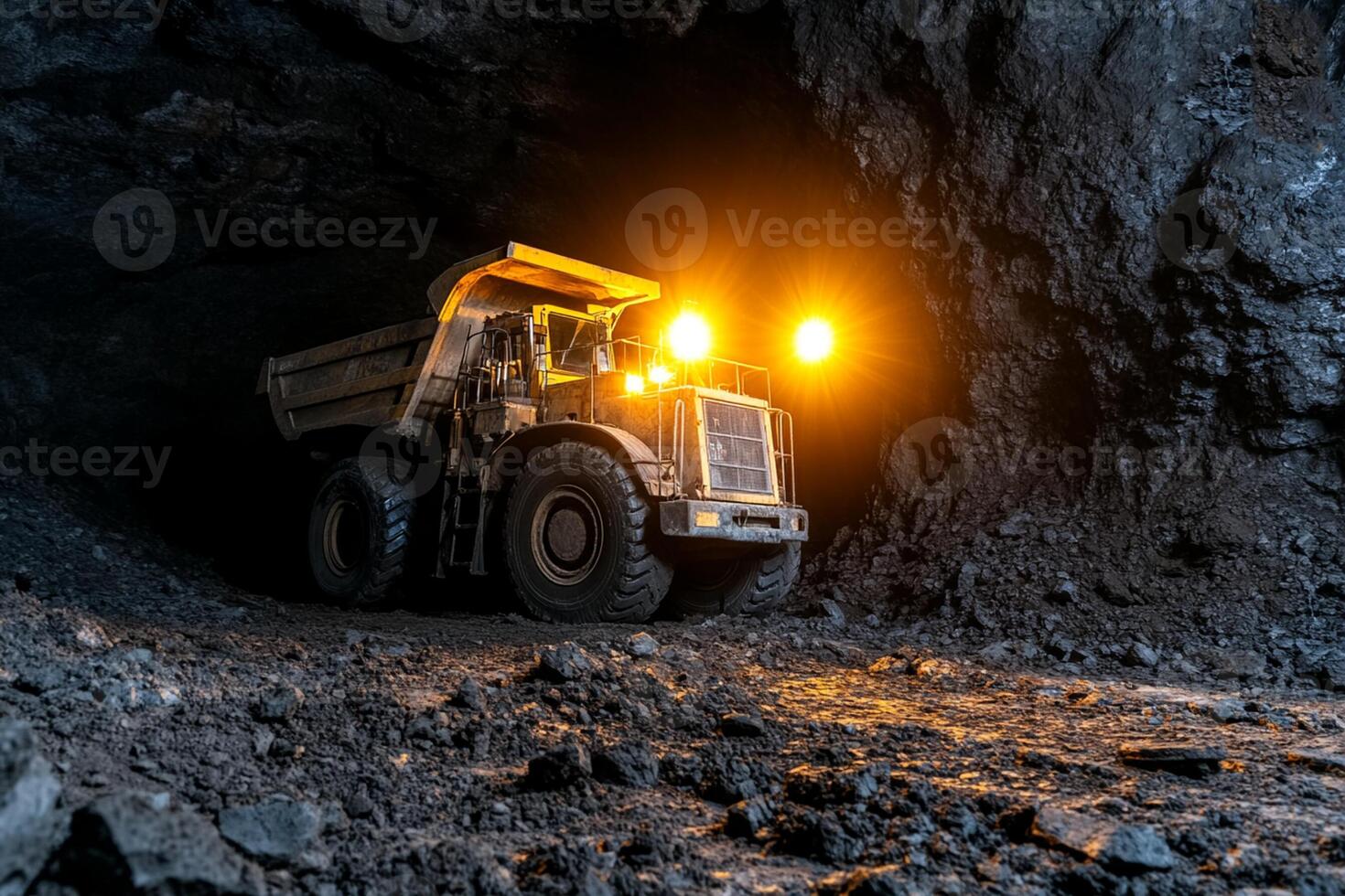 A dump truck is driving through a dark tunnel photo