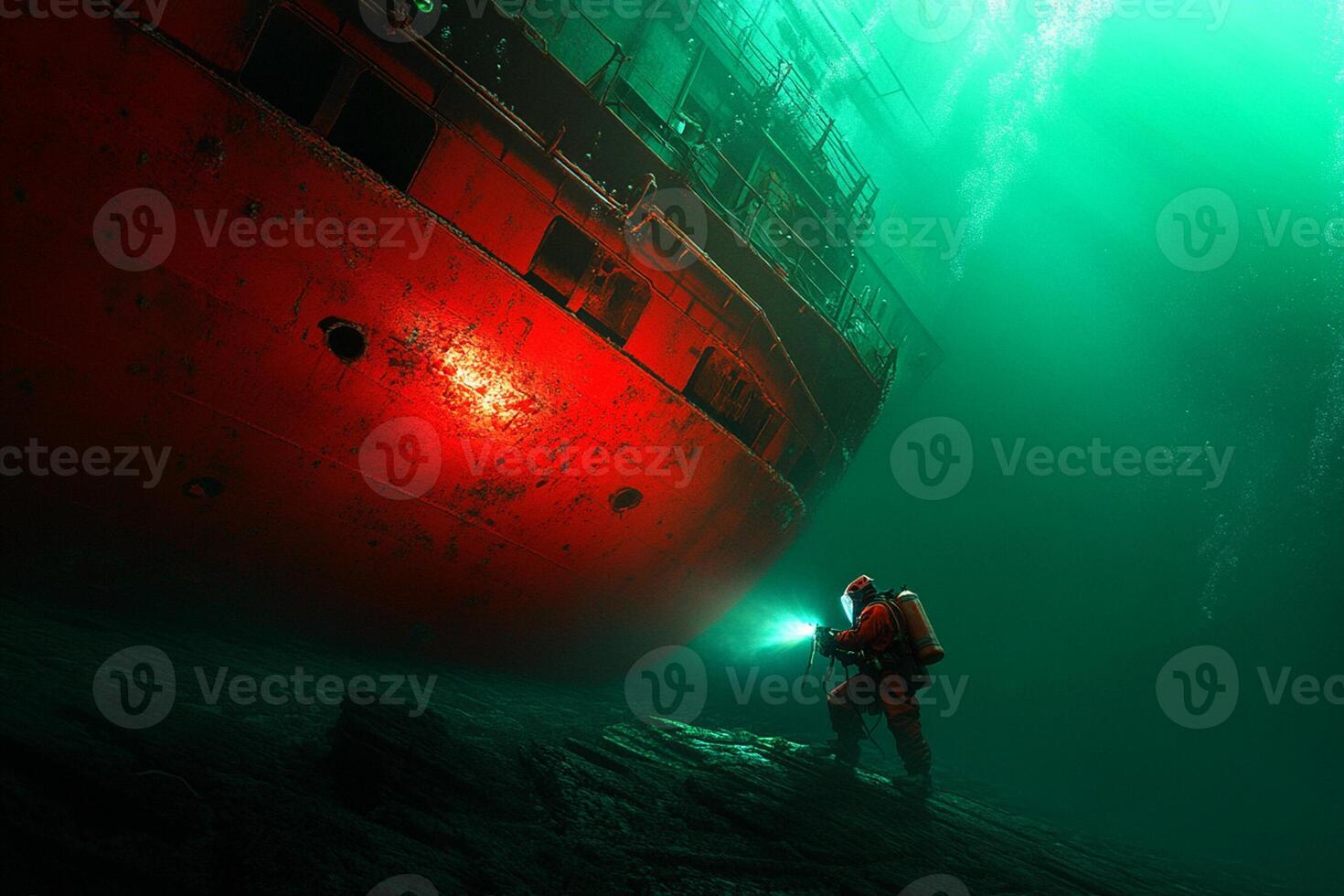 A man in a red suit standing next to a red ship photo