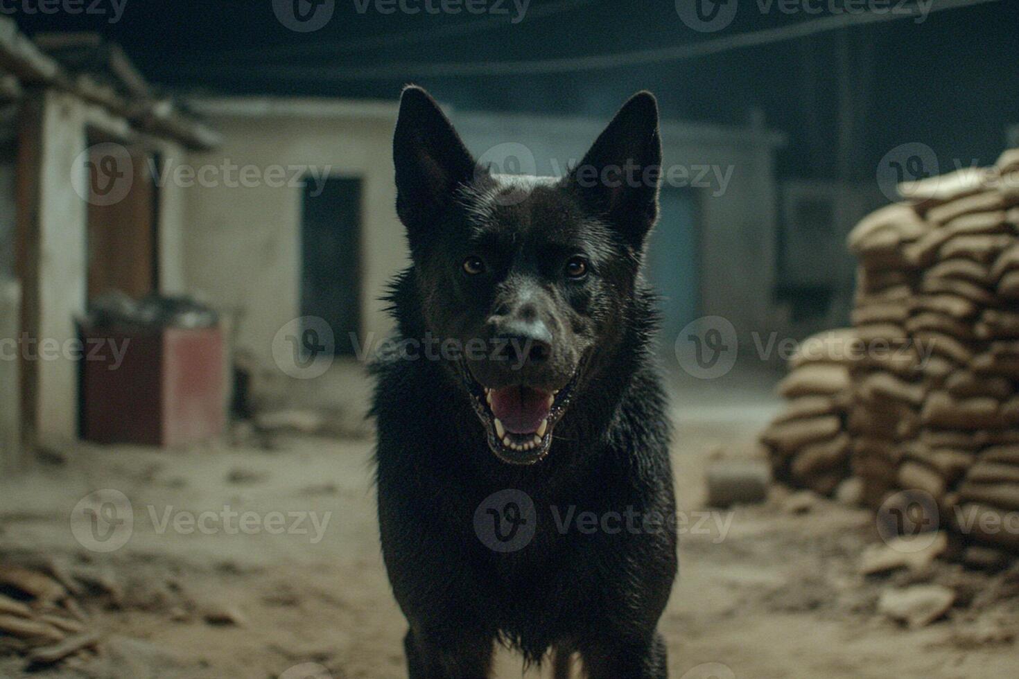 A black dog is standing in front of a pile of sand photo