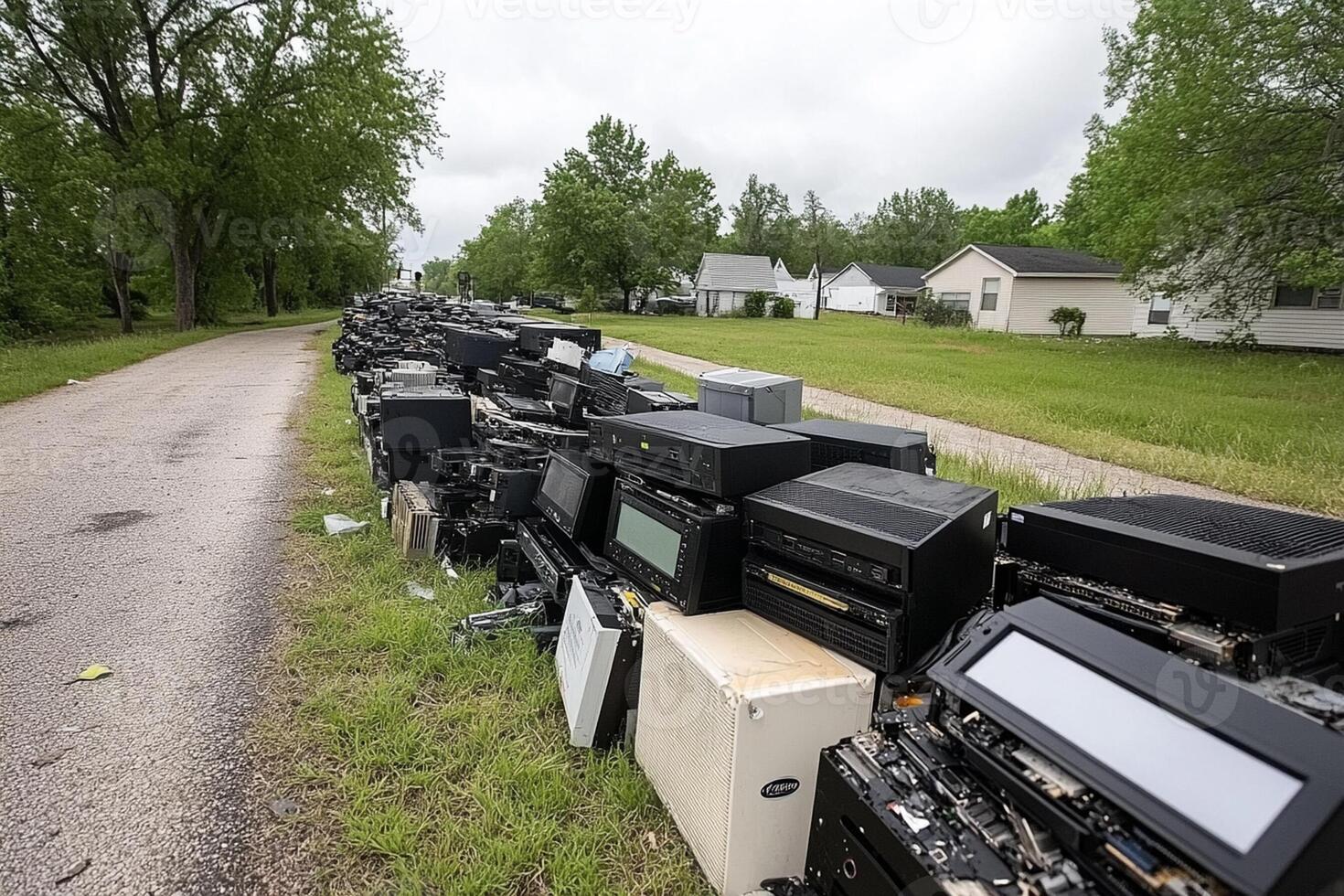 A pile of old electronics sitting on the side of the road photo